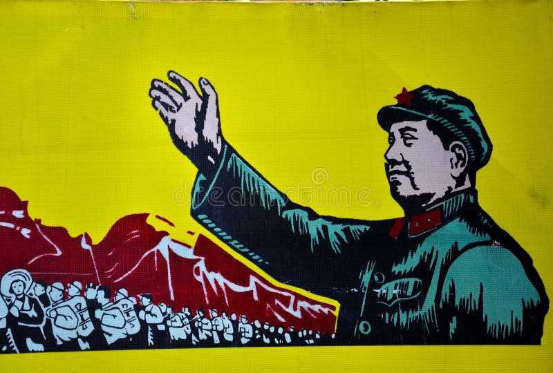 Shanghai, China - February 12, 2013: Nostalgic Chinese communist propaganda art depicting an oversized Mao Zedong in his trademark 'Mao suit' and cap inspiring Chinese workers to achieve the aims of the 1949 Chinese communist revolution. Mao Zedong was the leader of the Chinese Communist party which took power in China in 1949 and is considered the father of modern China. Shanghai, China - February 12, 2013: Nostalgic Chinese communist propaganda art depicting an oversized Mao Zedong in his trademark 'Mao suit' and cap inspiring Chinese workers to achieve the aims of the 1949 Chinese communist revolution. Mao Zedong was the leader of the Chinese Communist party which took power in China in 1949 and is considered the father of modern China.