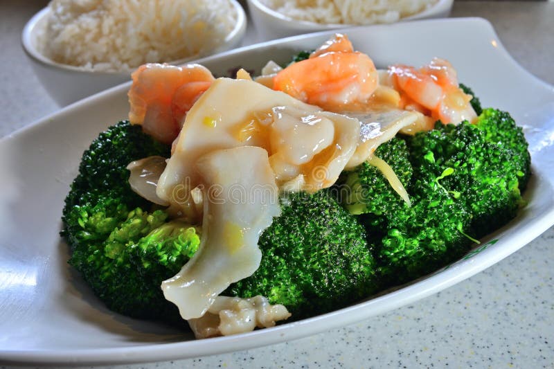 Chinese Cuisine Cuttlefish Shrimp Broccoli Stock Photo - Image of