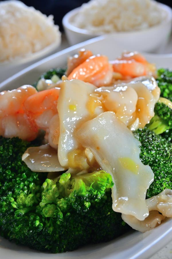 Chinese Cuisine Cuttlefish Shrimp Broccoli Stock Image - Image of style