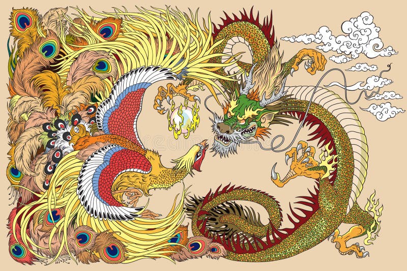 Chinese dragon and phoenix playing a pearl