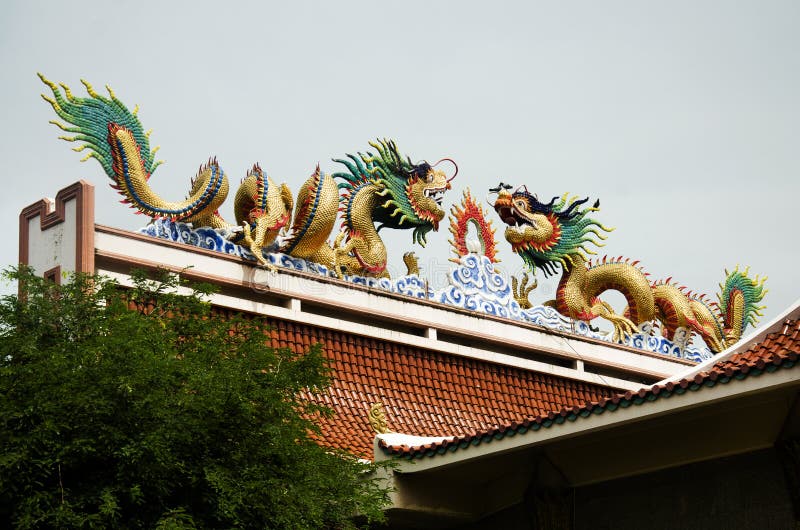 Chinese dragon Statue on roof of chinese temple in Wat Sakae Krang