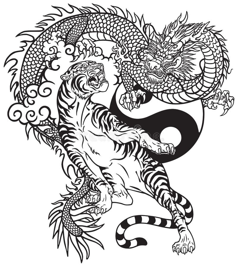 Chinese Dragon Versus Tiger Black and White Tattoo Stock Vector -  Illustration of black, spirit: 123291079