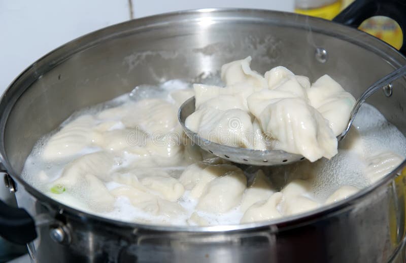 Chinese Dumplings Cooking in the Skillet