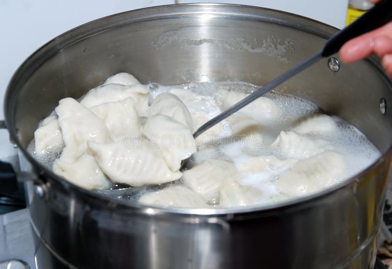 Chinese Dumplings Cooking in the Skillet