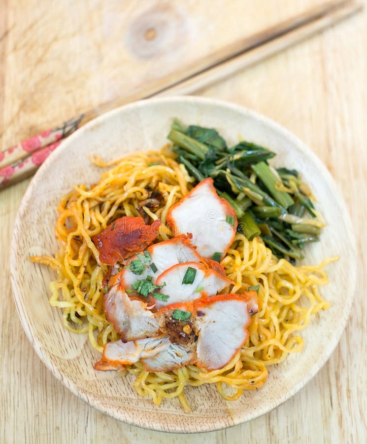 Egg Chinese Dry Noodles With Roast Red Pork, Dumpling And Vegetables Stock Photo Image of