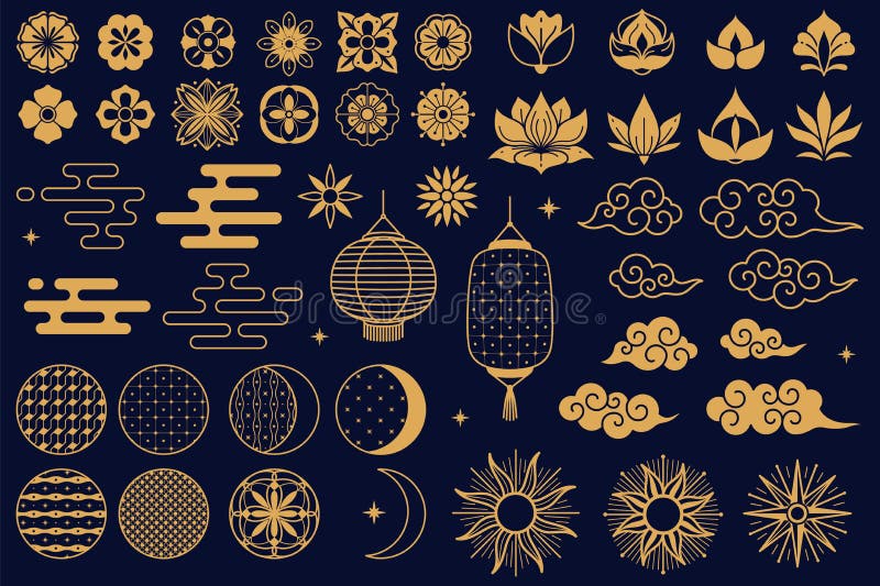 Chinese elements. Asian new year gold decorative traditional oriental style symbols, festive lanterns, lotus and sakura flowers, clouds and moon. Elegant line and silhouette golden vector isolated set. Chinese elements. Asian new year gold decorative traditional oriental style symbols, festive lanterns, lotus and sakura flowers, clouds and moon. Elegant line and silhouette golden vector isolated set