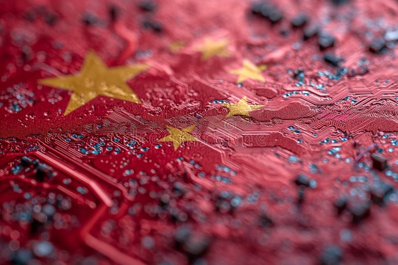 Chinese Flag Overlaid on PC Micro Chip on Integrated Circuit Board