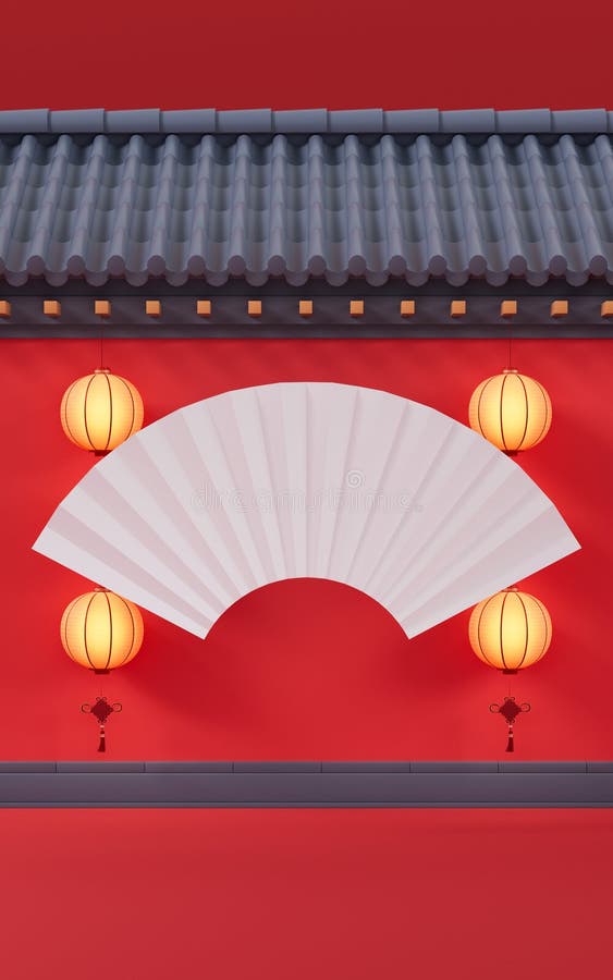 Chinese Folding Fan with Ancient Wall Background, 3d Rendering Stock