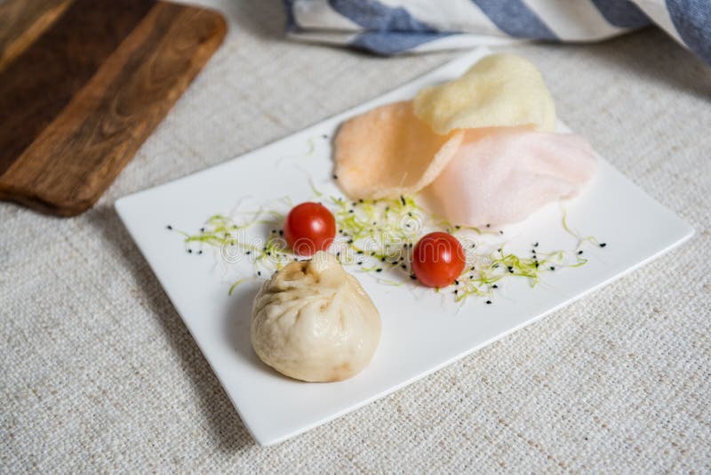 Chinese Food, Chinese Shrimp Chips and Steamed Dumplings Stock Image Image of greenery