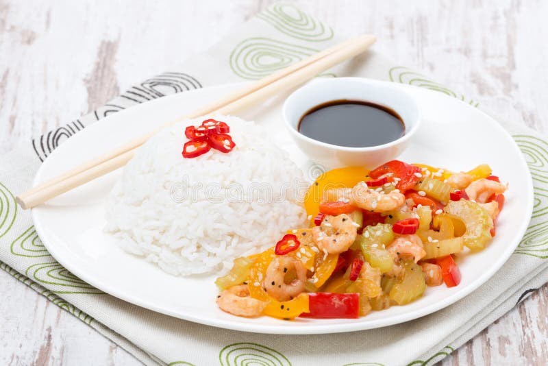 Chinese Food, White Rice and Vegetables with Shrimp Stock Image - Image