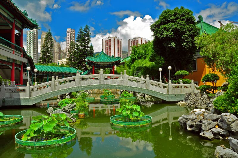 Chinese garden with footbridge