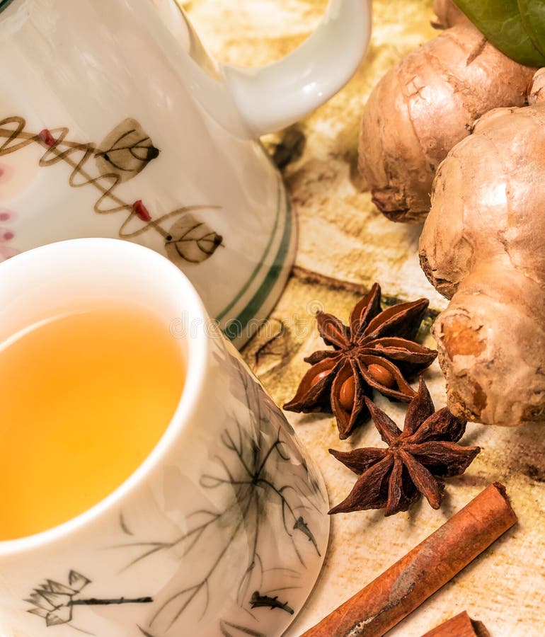 Chinese Ginger Tea Shows Teacups Teas and Refreshments Stock Photo
