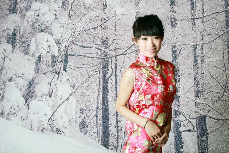 Chinese girl in the snow scenes