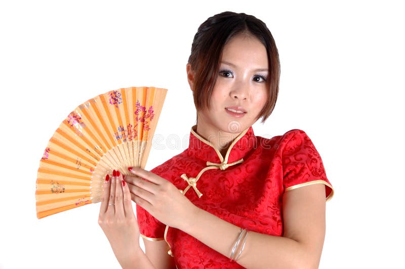 Chinese girl in traditonal dress with fan