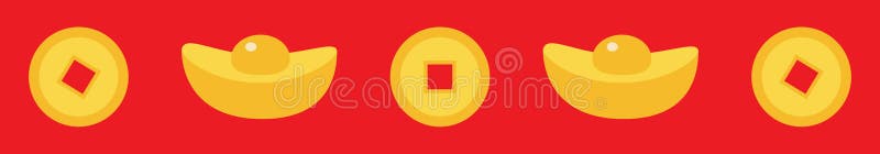 Chinese gold ingot coin line set. China money square centre. Golden with hole. Happy New Year symbol atribute. Red background. stock illustration Chinese gold ingot coin line set. China money square centre. Golden with hole. Happy New Year symbol atribute. Red background. stock illustration