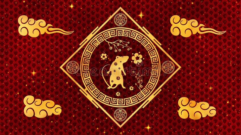 Red Chinese New Year background with gold, rat, fireworks, 3D rendering loop 4k. Magical Happy new year animation.