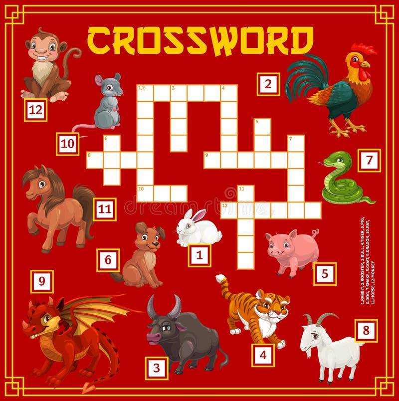 Chinese Horoscope Animals, Word Search Puzzle Game Stock Illustration