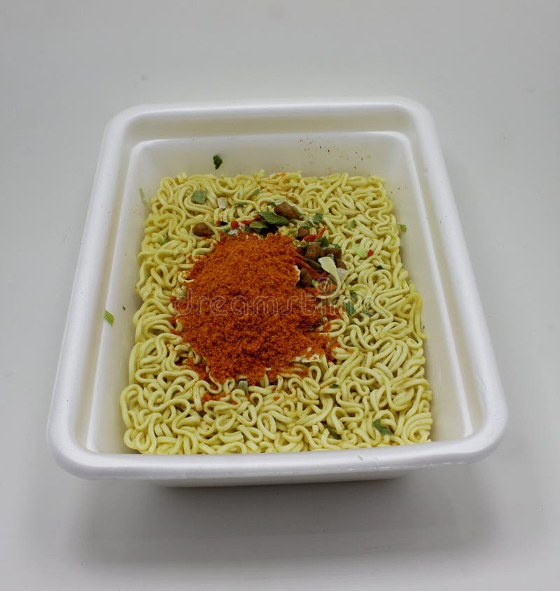 Chinese Instant Noodles, Brewed in a Plastic Rectangular Cup. Noodles