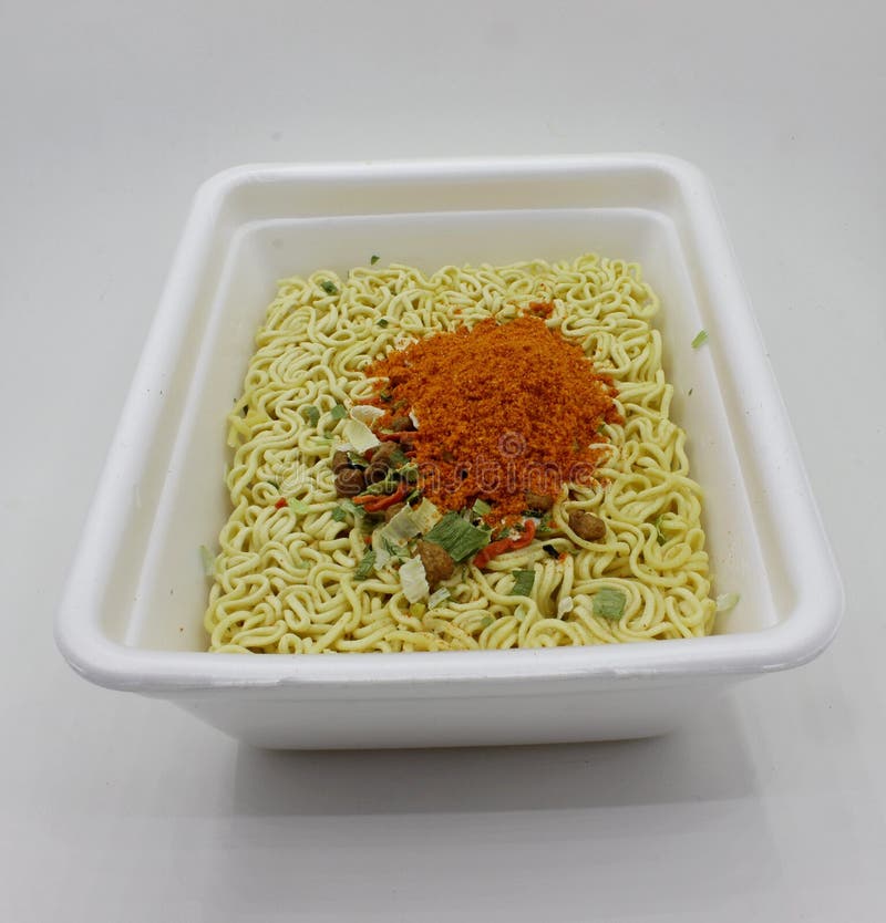 Chinese Instant Noodles, Brewed in a Plastic Rectangular Cup. Noodles