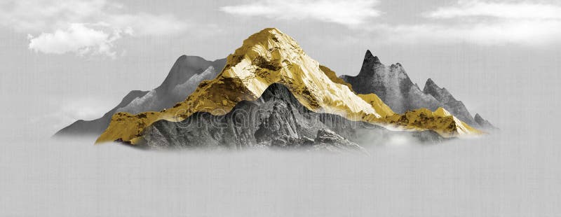 Chinese landscape art. Drawing black, gray, and golden mountains. sky in a light background. 3d modern canvas art mural wallpaper stock images