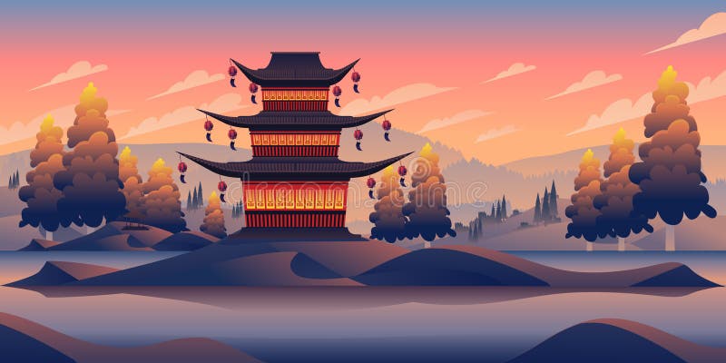 Chinese Landscape House with Lantern Cartoon Illustration for ...