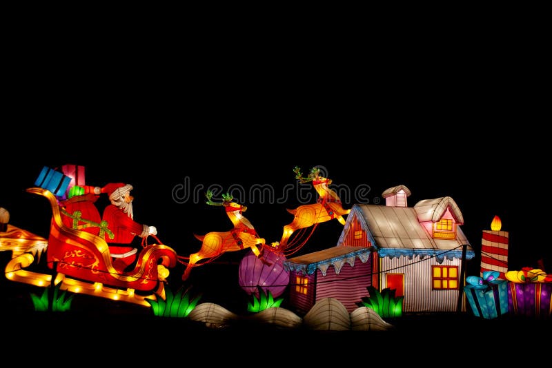 Chinese lanterns composition with fairy santa sleigh with reindeers