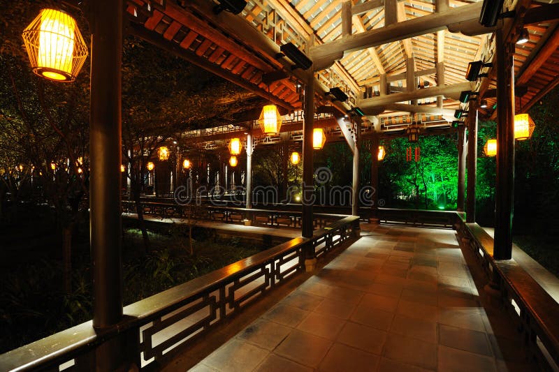 Chinese long corridor at night stock image