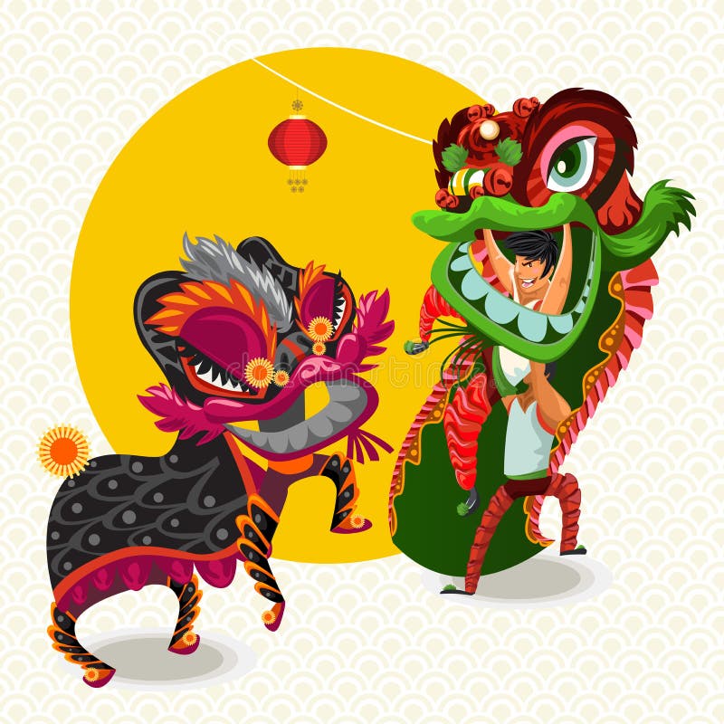 An Illustration Of Chinese Lion Dancing Fighting Useful As Icon, Illustration And Background For Chinese New Year Theme. An Illustration Of Chinese Lion Dancing Fighting Useful As Icon, Illustration And Background For Chinese New Year Theme.