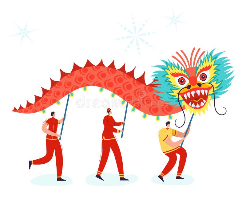 Chinese Lunar New Year People holding Dragon, wearing china traditional costume on parade or carnival. Characters