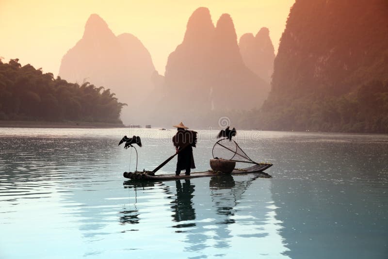Chinese man fishing with cormorants birds stock photo Chinese man fishing with cormorants birds stock photo