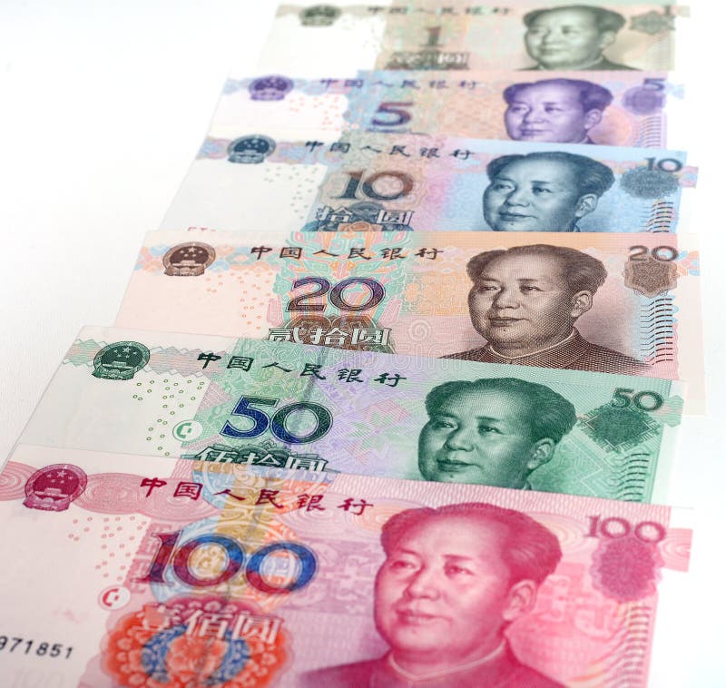 Chinese money Renminbi on a white background.