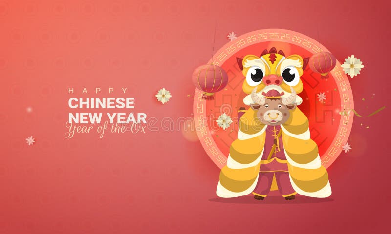 Chinese Lunar New Year 2021 year of the ox with barongsai or lion dance illustration for greeting card. Chinese Lunar New Year 2021 year of the ox with barongsai or lion dance illustration for greeting card