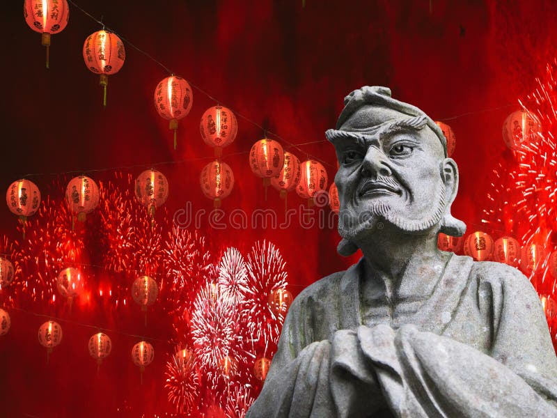 Chinese new year celebration concept chinese statue with lanterns and fireworks festival background stock photo Chinese new year celebration concept chinese statue with lanterns and fireworks festival background stock photo