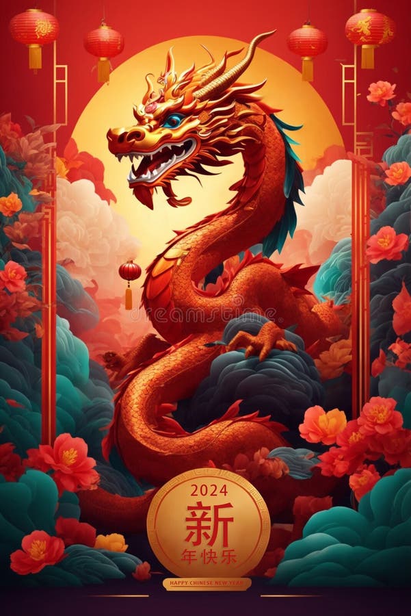 2024 year of the Green Wood Dragon, new year decoration, chinese style.  generative ai Stock Illustration