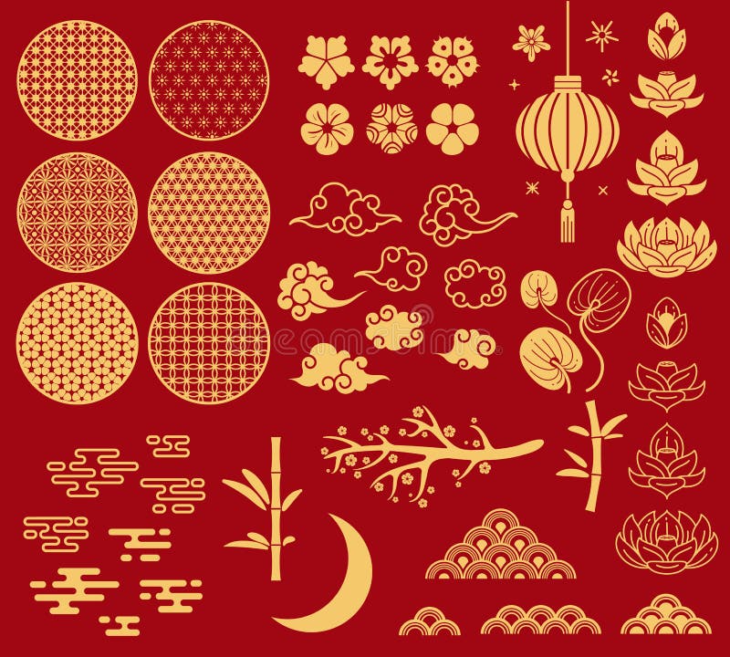 Chinese new year elements. Festive asian ornaments, patterns in oriental style. Clouds, moon and bamboo, sakura and