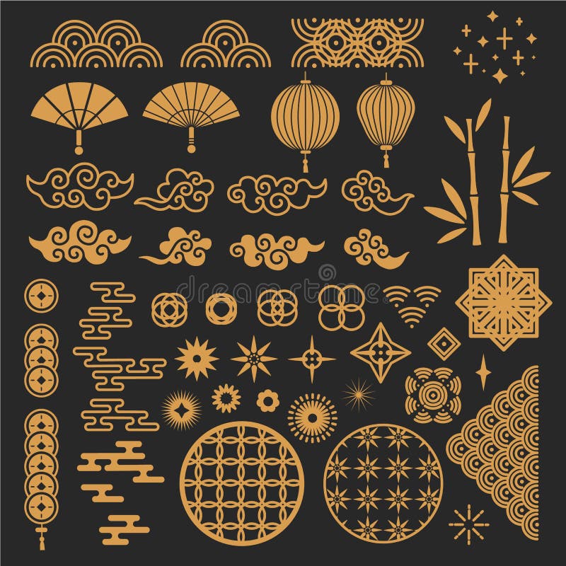 Chinese new year elements. Golden asian traditional pattern, cloud and decorative flower. Oriental lanterns, bamboo stem