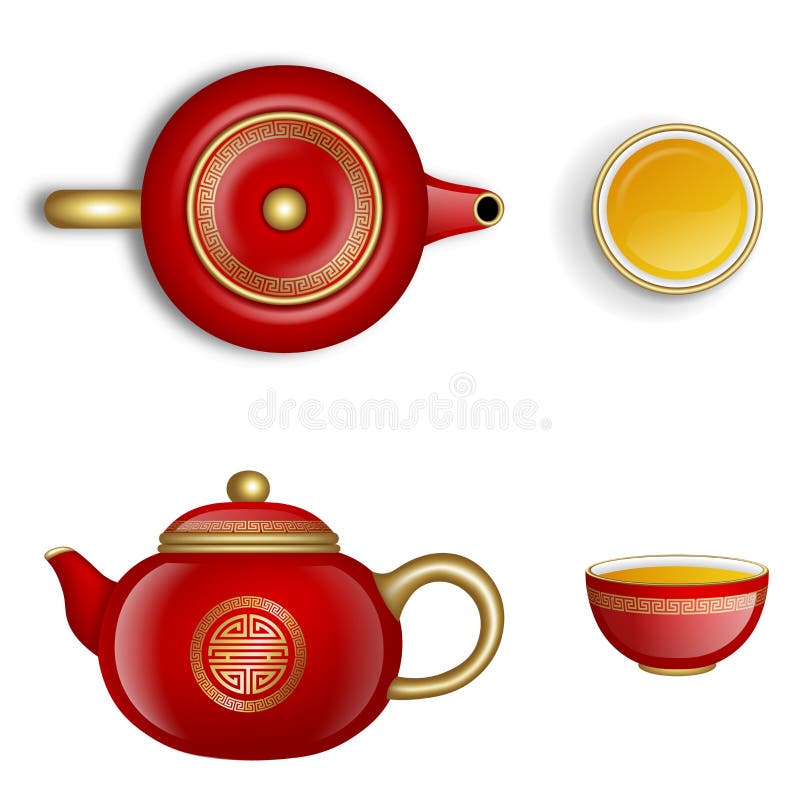 Chinese new year elements. red and gold isolated chinese teapots and cups of tea. top and side view vector illustration