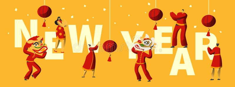 Chinese New Year Festival Typography Banner. Man Dance in Red Dragon Mask for China Holiday Celebration. Asian Festival stock illustration Chinese New Year Festival Typography Banner. Man Dance in Red Dragon Mask for China Holiday Celebration. Asian Festival stock illustration