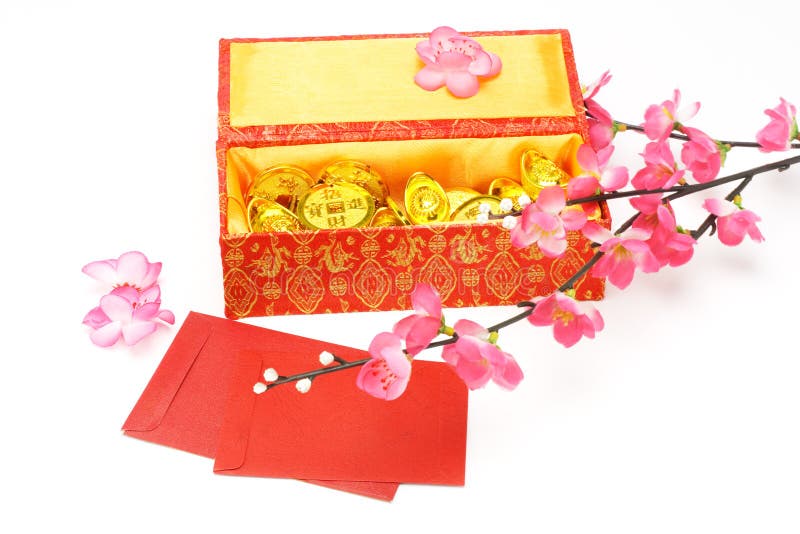 Chinese New Year Gift Bag and Gold Inpgot Ornament Stock Photo Image