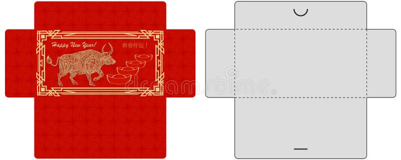 Chinese New Year Money Red Envelope, Layout of card pocket. 2021 Year of metal ox. Hieroglyph translate Good luck in the new year