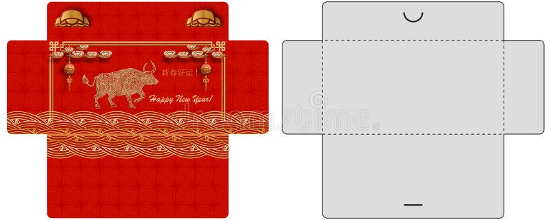 Chinese New Year Money Red Packet, template envelope. 2021 Year of metal ox. Hieroglyph translate Good luck in the new year.