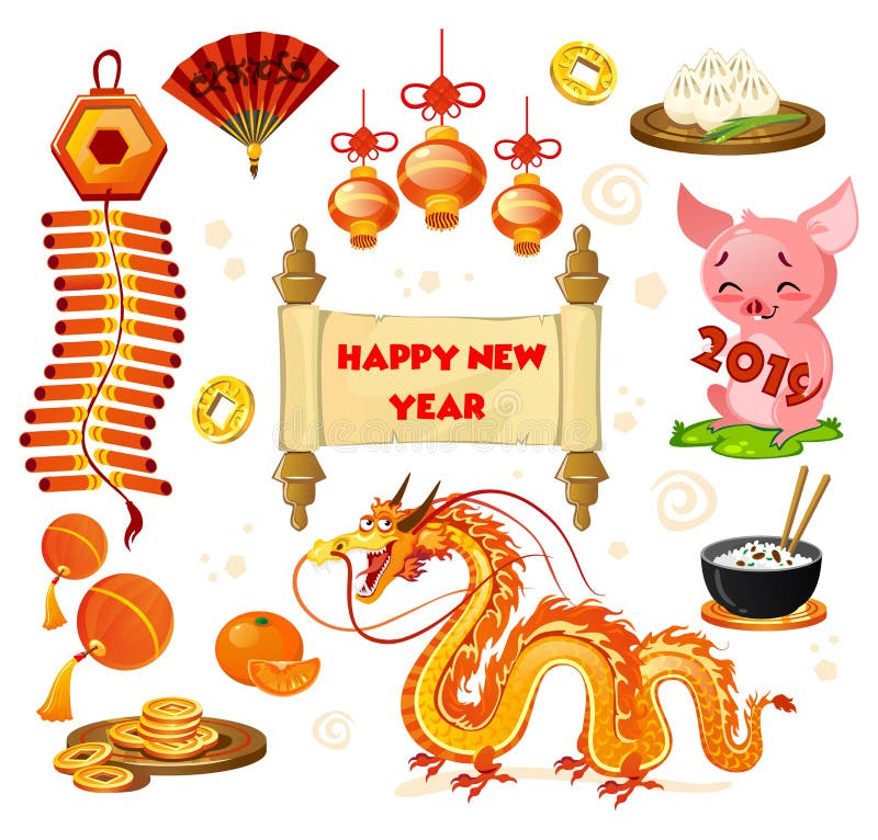 Chinese New year symbols set isolated on white background. Cartoon New year decorations. Vector illustration. stock illustration Chinese New year symbols set isolated on white background. Cartoon New year decorations. Vector illustration. stock illustration