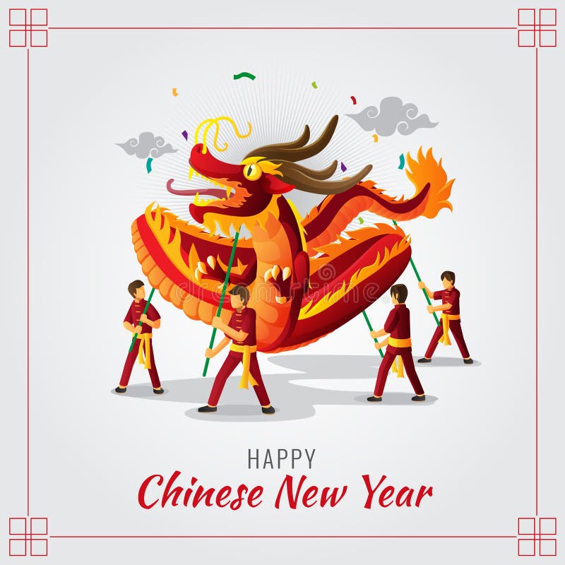 Chinese New Year vector Greeting card with dragon dance illustration