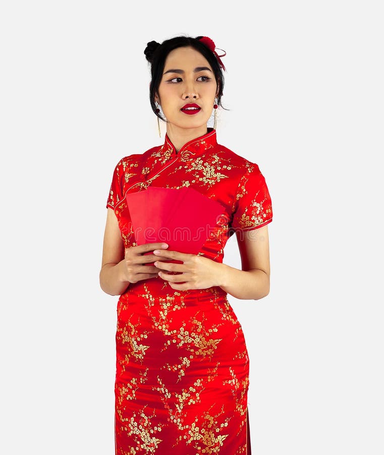 Chinese New Year Woman Concept, Asian Woman Wearing Red Dress Cheongsam ...