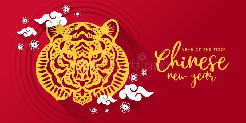 Chinese New Year Year Of The Tiger With Gold Paper Cutting Head Tiger Zodiac Sign And White Clude And Flower On Red Background Stock Vector Illustration Of Color Festival 203095931