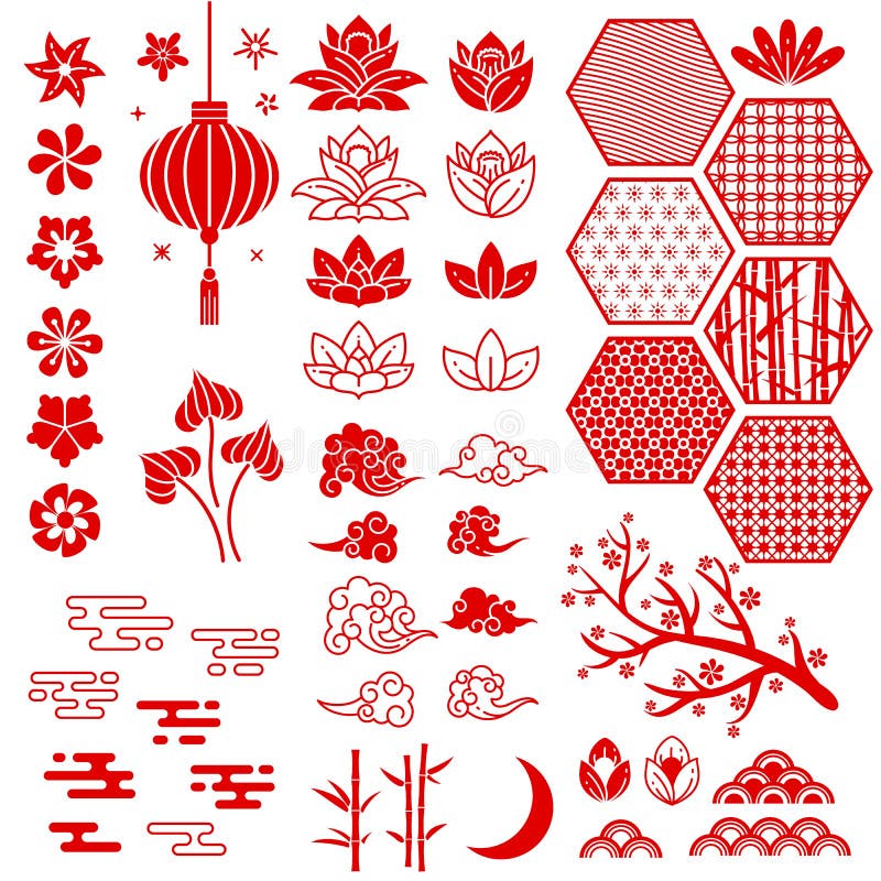 Chinese nieuwjaarselementen Festive oost-aziatische stijl Rode wolk, bloemen en maan, bamboe en sakura, lotus bladeren