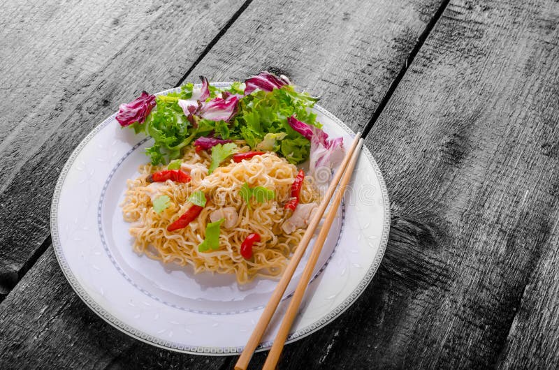 Chinese Noodles with Chicken and Fresh Salad Stock Image Image of international, eating 44649935