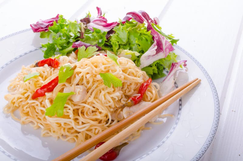 Chinese Noodles with Chicken and Fresh Salad Stock Image Image of culture, feed 44650301