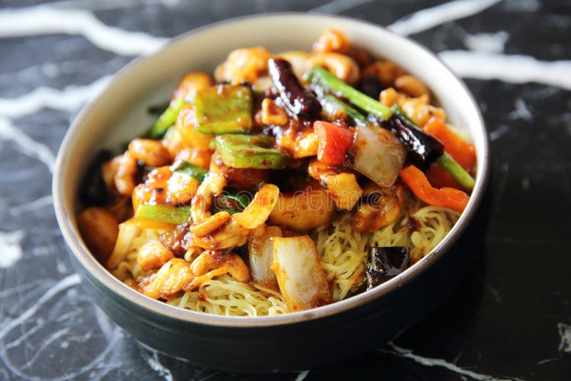 Chinese noodles with chicken and peanuts , Chinese cuisine food