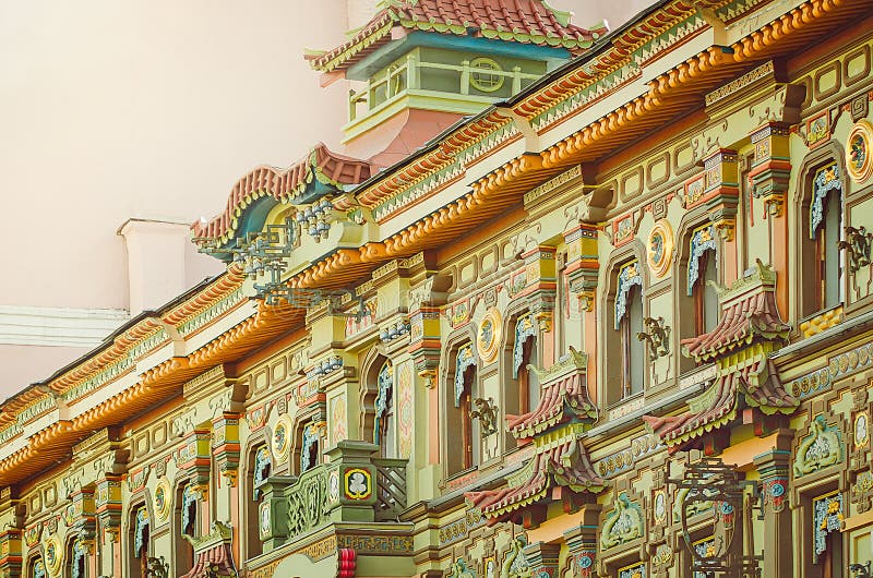 Chinese Pagoda - Tea House on Myasnitskaya Street in Moscow. Fragment of the facade. stock photos Chinese Pagoda - Tea House on Myasnitskaya Street in Moscow. Fragment of the facade. stock photos